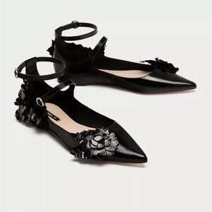 Zara Black Floral Embellished Flats Size 40(9)